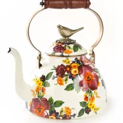 MacKenzie-Childs White Flower Market 3 Quart Tea Kettle with Bird< Cookware & Bakeware|Tea Kettles