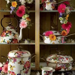 MacKenzie-Childs White Flower Market 3 Quart Tea Kettle with Bird< Cookware & Bakeware|Tea Kettles