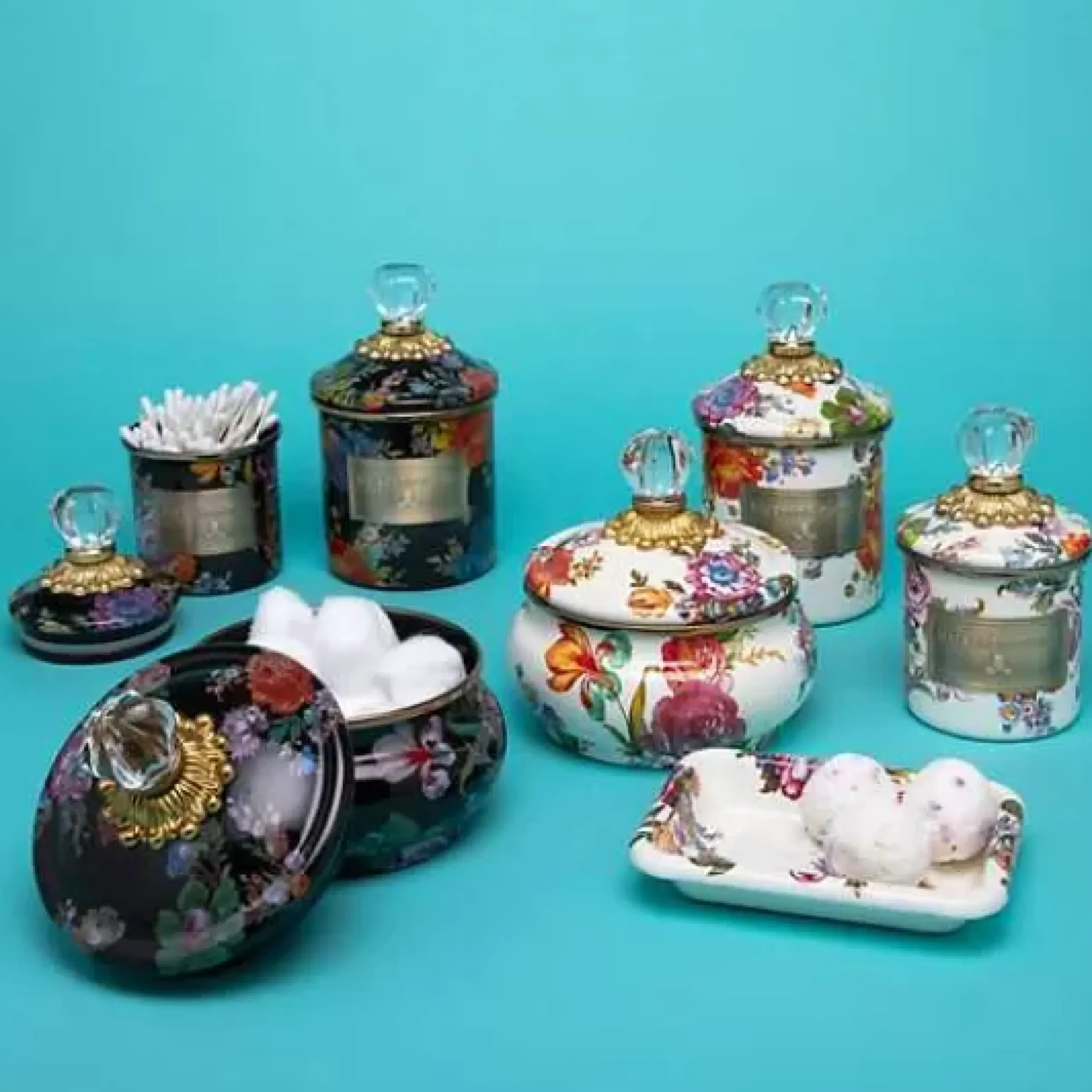 MacKenzie-Childs White Flower Market Mini Canister< Room Accents|Kitchen Storage & Organization