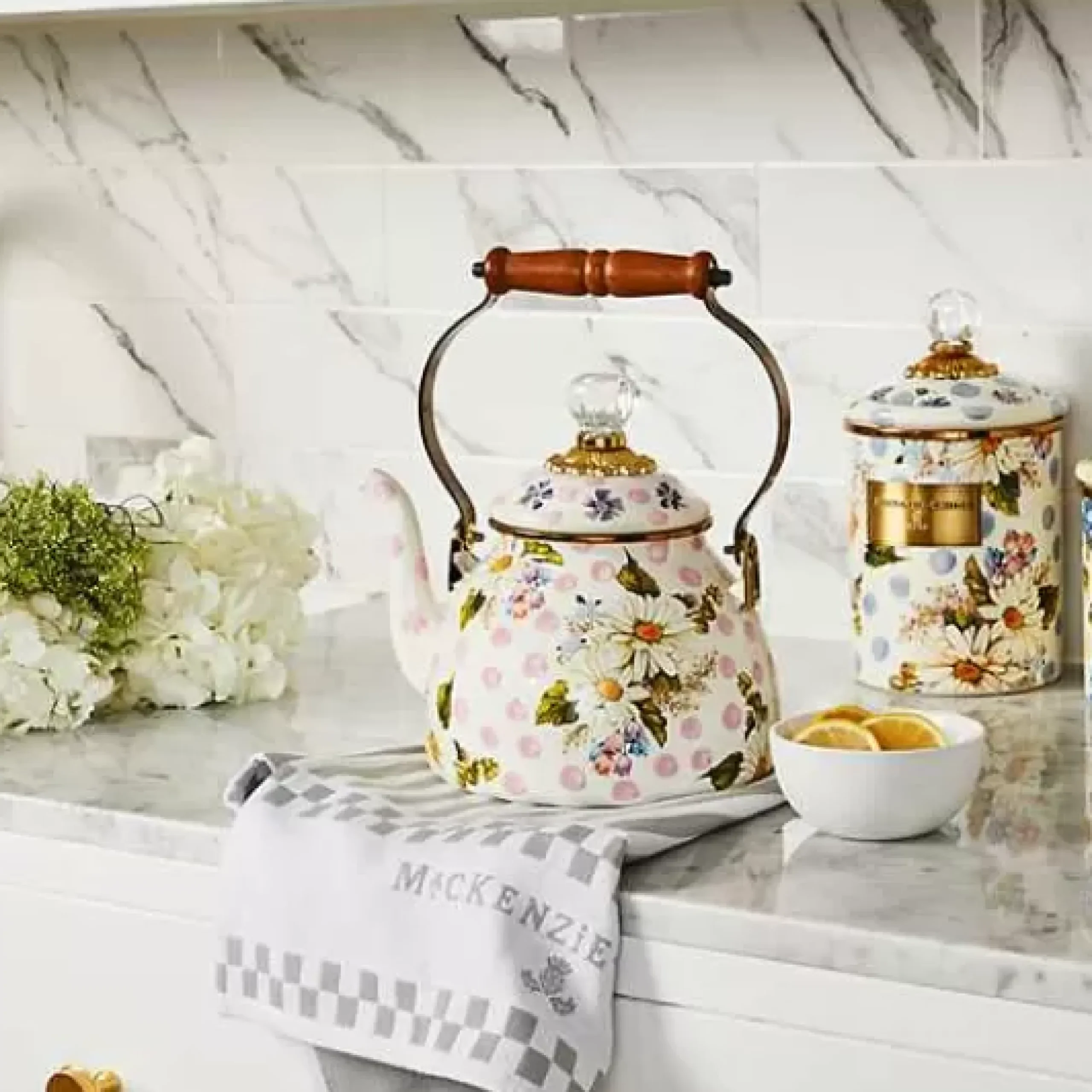 MacKenzie-Childs Wildflowers Blue Enamel Medium Canister< Kitchen Storage & Organization